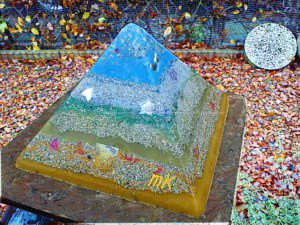 Pyramid Orgonite Blue Rose, 24 cm side, beeswax minerals metals and crystals.