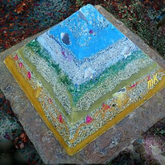 Pyramid Orgonite Blue Rose, 24 cm side, beeswax minerals metals and crystals.