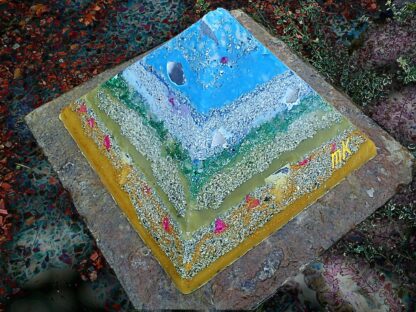 Pyramid Orgonite Blue Rose, 24 cm side, beeswax minerals metals and crystals.