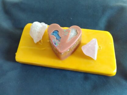 Budapest heart 17 cm pyramid orgonite, an orgonite heart art done for Artup 2017 Budapest, two rose quartz as top and heart