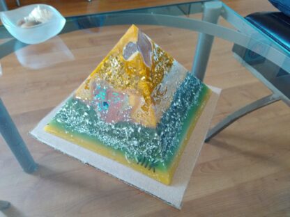 Budapest heart 17 cm pyramid orgonite, an orgonite heart art done for Artup 2017 Budapest, two rose quartz as top and heart