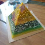 Budapest heart 17 cm pyramid orgonite, an orgonite heart art done for Artup 2017 Budapest, two rose quartz as top and heart